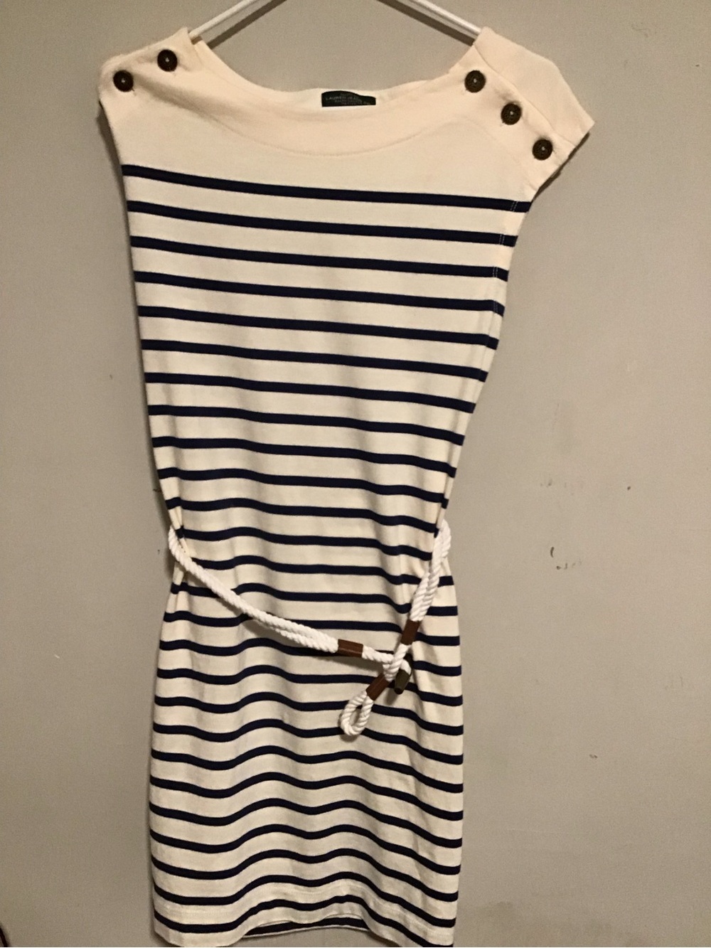 Lauren Ralph Lauren White and Navy Striped Boatneck Mini Dress with Rope Belt
